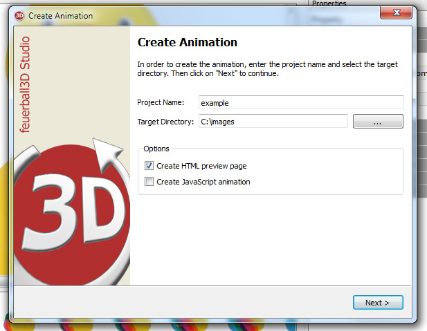 Screenshot feuerball3D Create Animation