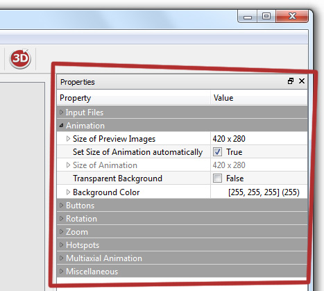 Screenshot feuerball3D Properties Animation