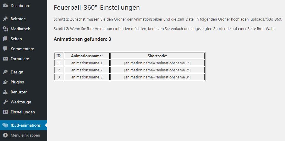 Screenshot aus WordPress-Adminbereich mit Plugin zu feuerball3D