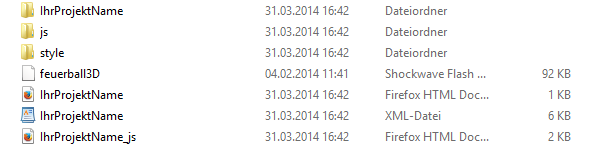 Screenshot eines Ordners einer feuerball3D-Animation